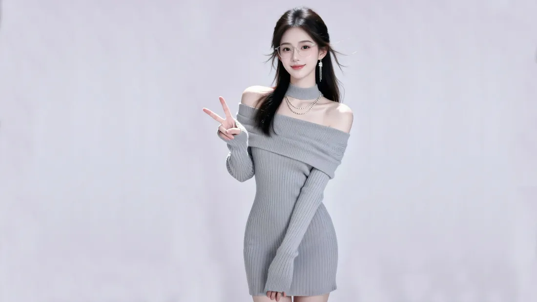 8k露肩裙美女壁纸｜时尚穿搭纯色背景图片 - 甜美比耶人像「哲风壁纸」