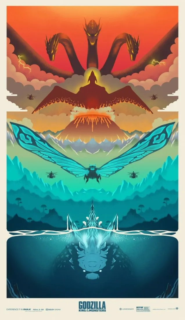 哥斯拉手机壁纸｜怪兽宇宙火山海洋背景图片 - 复古手绘插画「哲风壁纸」