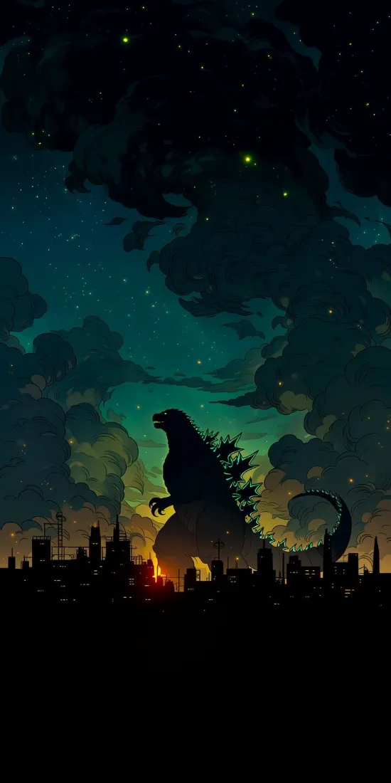 哥斯拉手机壁纸｜城市夜景背景图片 - 科幻怪兽剪影「哲风壁纸」