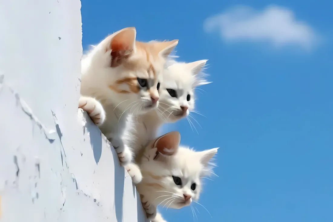 2k三只小猫壁纸｜蓝天白墙背景图片 - 萌系治愈宠物「哲风壁纸」