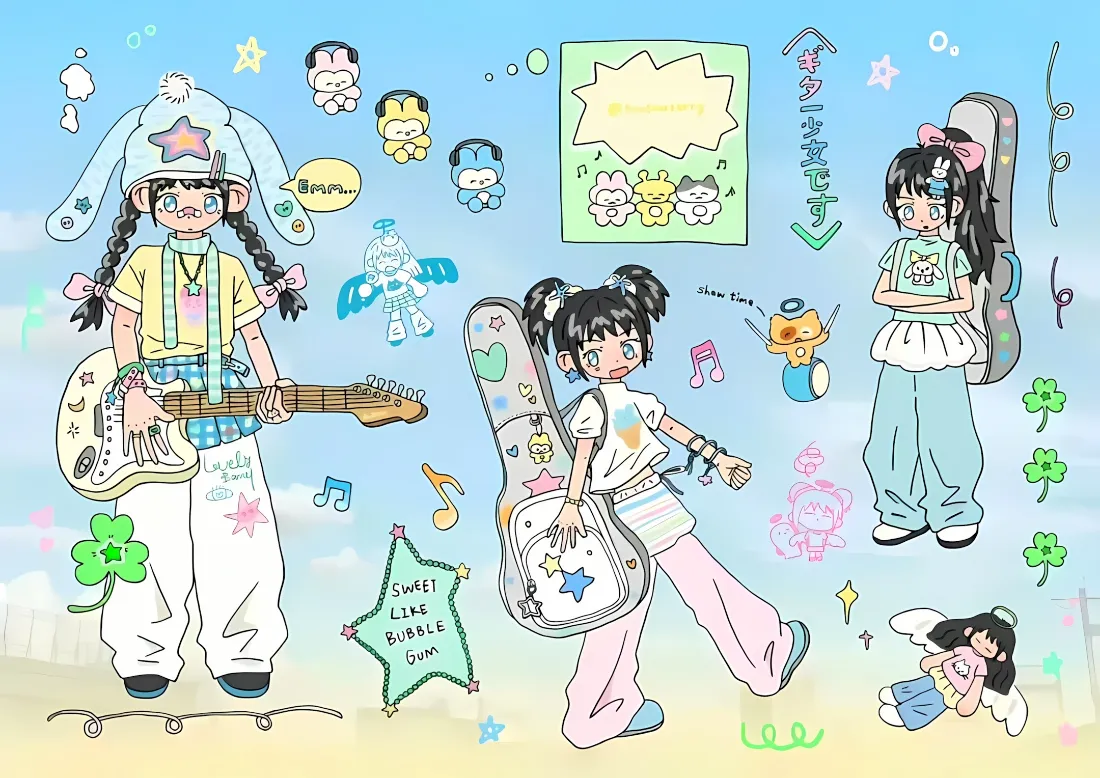 2k吉他少女壁纸｜可爱插画背景图片 - 清新卡通风格「哲风壁纸」