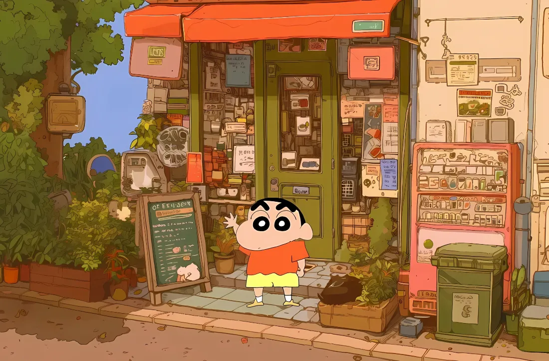 2k蜡笔小新壁纸｜书店门口街景背景图片 - 治愈日系动漫插画「哲风壁纸」