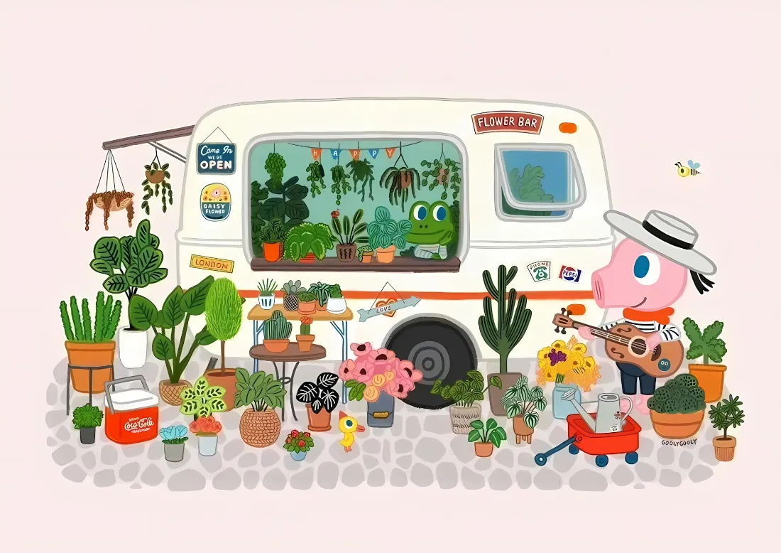 2k卡通花车壁纸｜绿植盆栽售卖背景图片 - 可爱治愈插画「哲风壁纸」