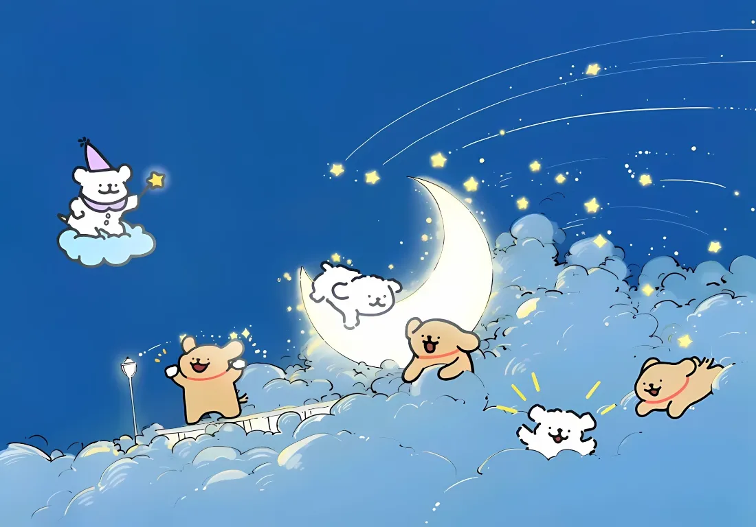 2k线条小狗壁纸｜夜空星月背景图片 - 可爱治愈插画「哲风壁纸」