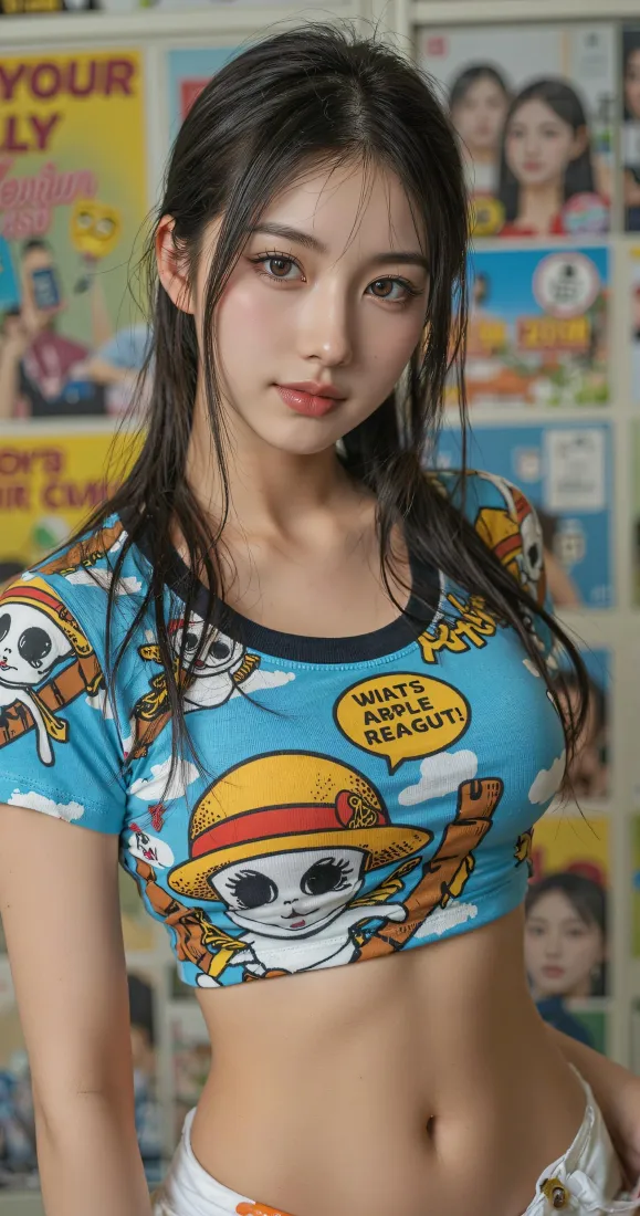 甜酷少女手机壁纸｜海贼王印花短袖背景图片 - 时尚写真「哲风壁纸」