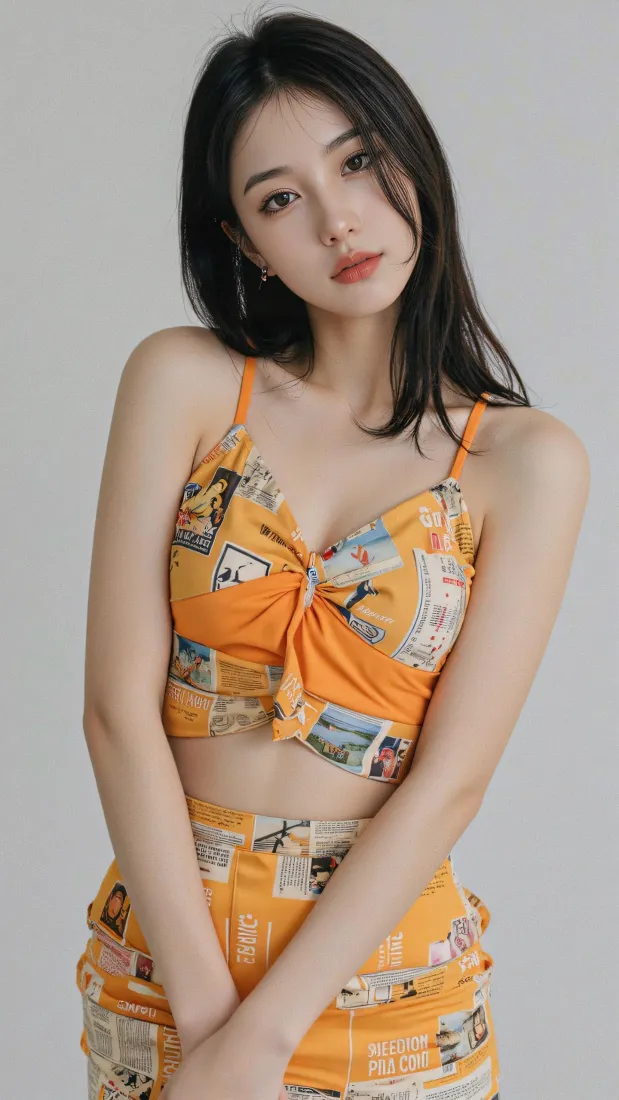 气质美女手机壁纸｜橙色印花穿搭背景图片 - 简约时尚人像写真「哲风壁纸」