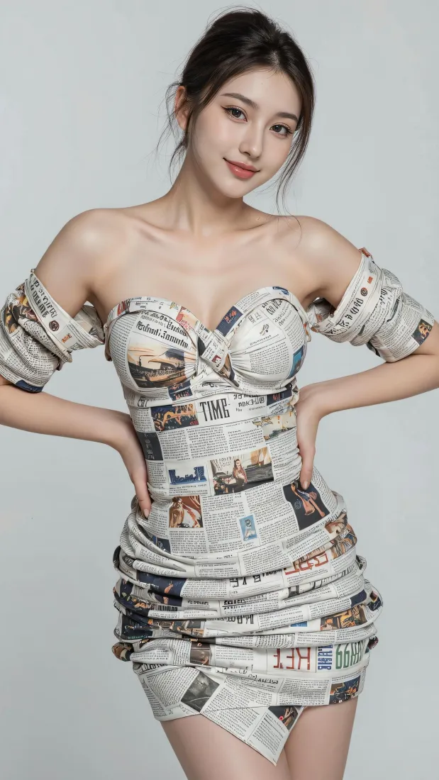 气质美女手机壁纸｜报纸抹胸裙写真背景图片 - 露肩时尚穿搭「哲风壁纸」