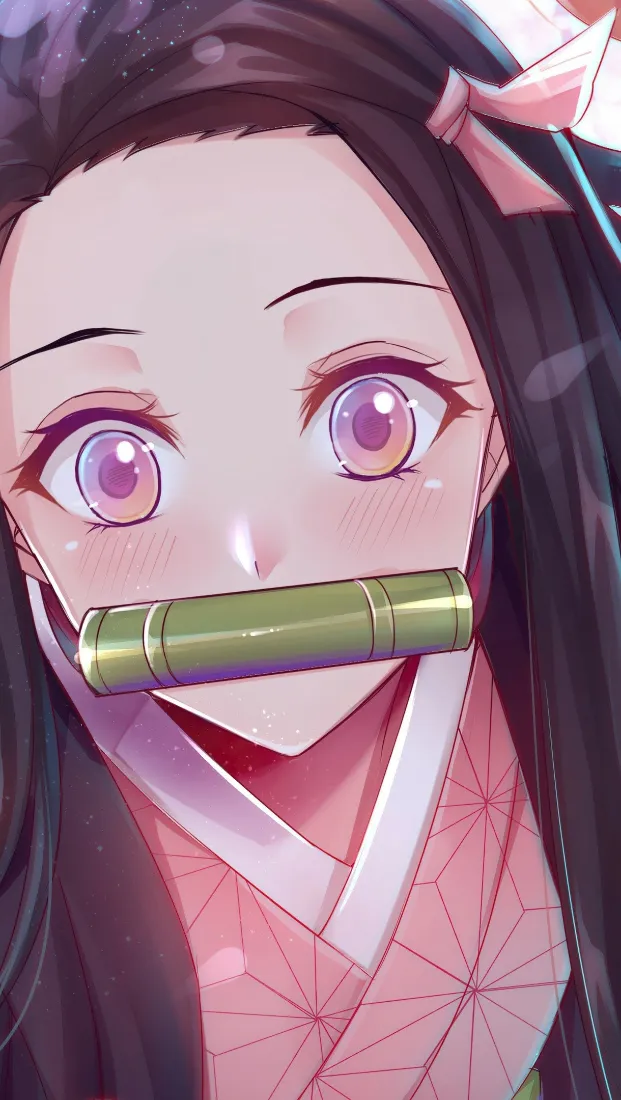 祢豆子手机壁纸｜鬼灭之刃背景图片 - 粉色和服紫瞳少女「哲风壁纸」