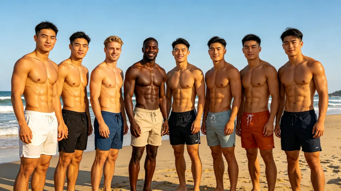 3k肌肉帅哥壁纸｜海边沙滩背景图片 - 腹肌型男合影「哲风壁纸」