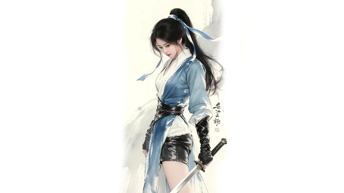8k古风女侠客壁纸｜水墨国风背景图片 - 飒爽持剑武侠插画「哲风壁纸」