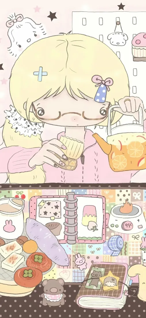 软萌卡通金发少女手机壁纸｜手账书桌背景图片 - 可爱治愈插画「哲风壁纸」