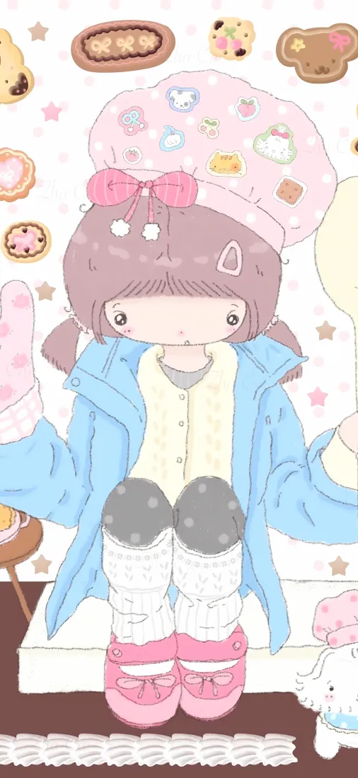 软萌卡通少女手机壁纸｜甜点元素背景图片 - 二次元插画「哲风壁纸」