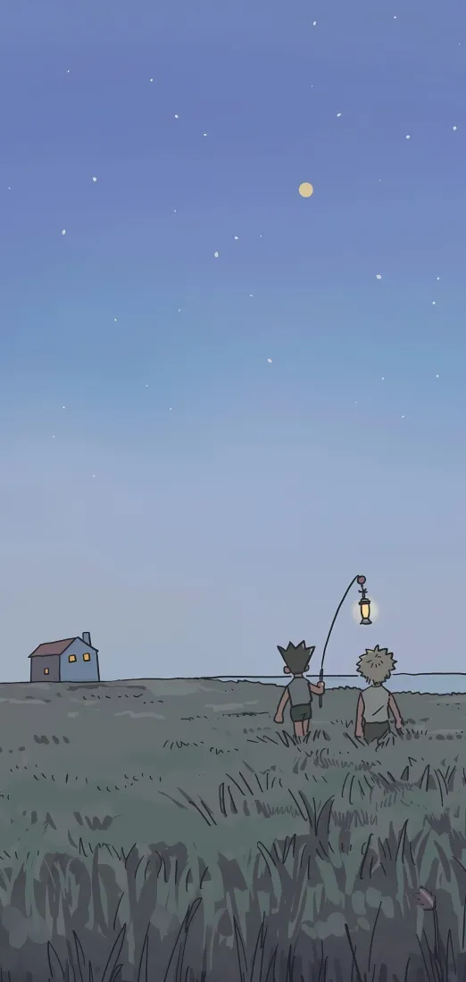 夜晚插画手机壁纸｜草地星空背景图片 - 提灯小人治愈场景「哲风壁纸」