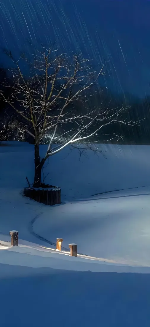 雪夜孤树手机壁纸｜冬日雪地背景图片 - 静谧自然风景「哲风壁纸」