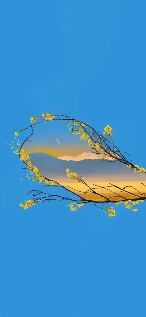 黄花树枝手机壁纸｜创意插画背景图片 - 清新治愈风景「哲风壁纸」