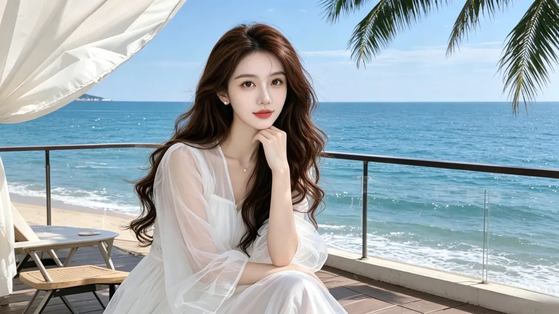 3k海边白裙美女壁纸｜海景露台背景图片 - 8k高清「哲风壁纸」