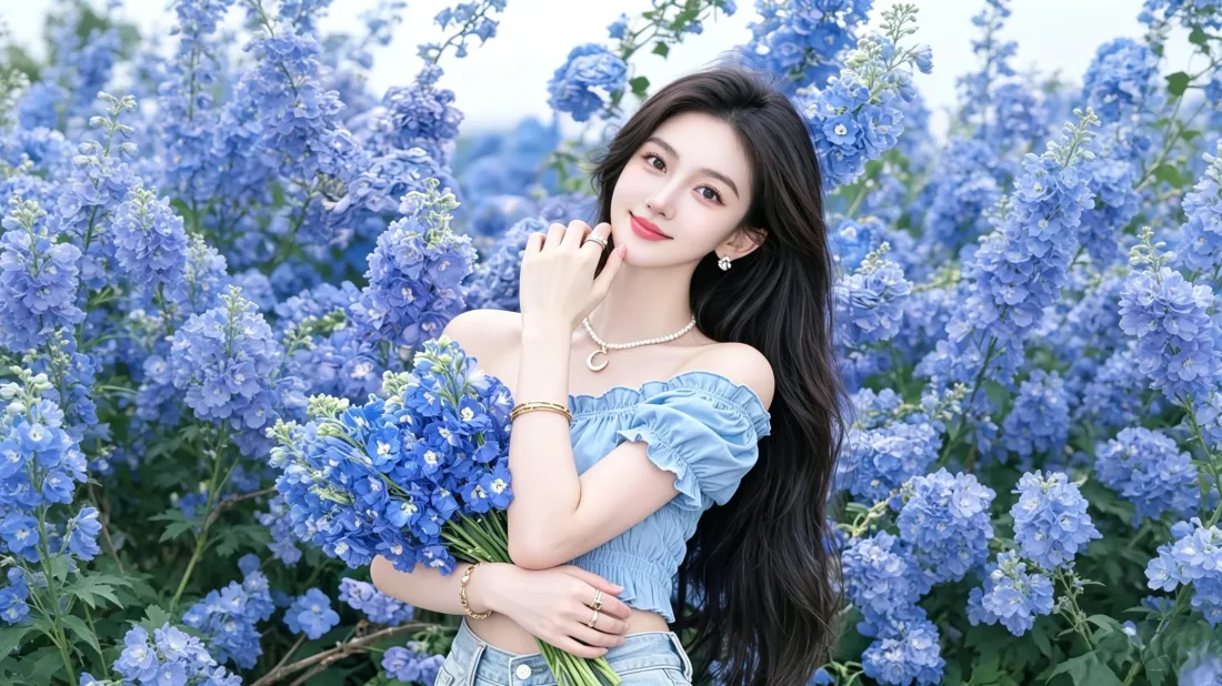 3k美女壁纸｜蓝色花海背景图片 - 8k电脑适用「哲风壁纸」
