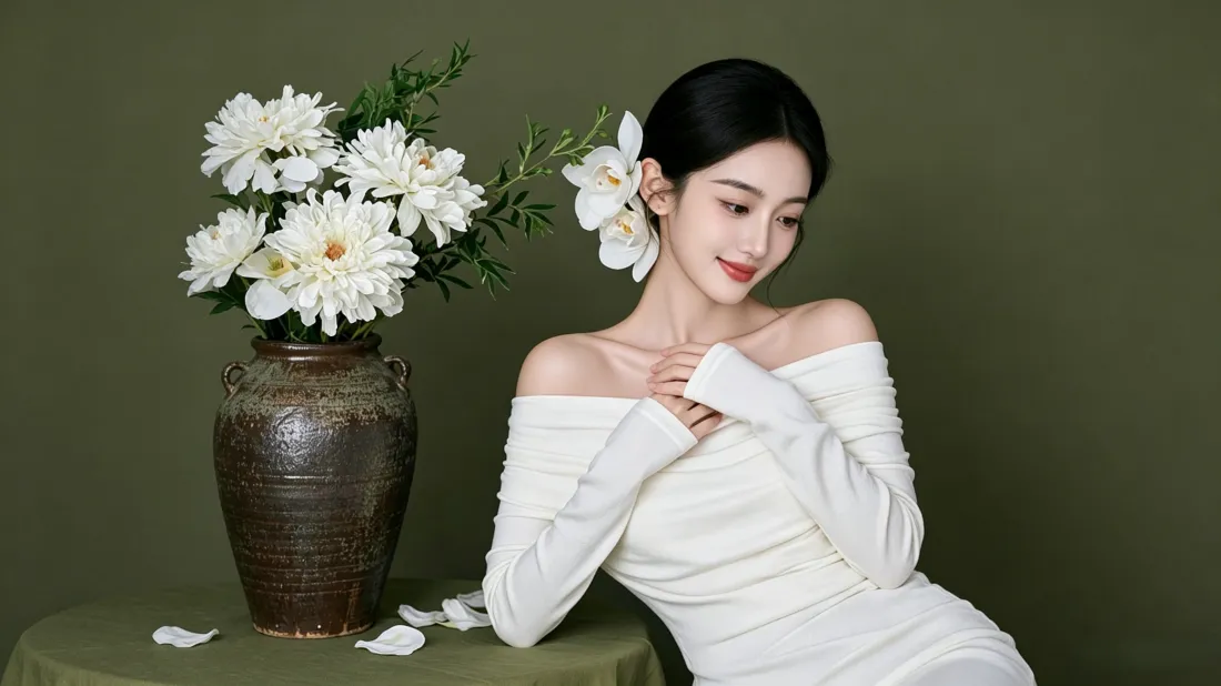 3k气质白裙美女壁纸｜复古插花背景图片 - 8k电脑「哲风壁纸」