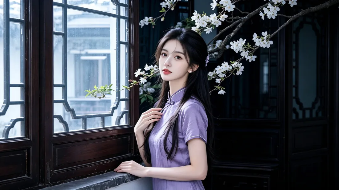 3k紫色旗袍美女壁纸｜中式古窗梨花背景图片 - 8k高清「哲风壁纸」