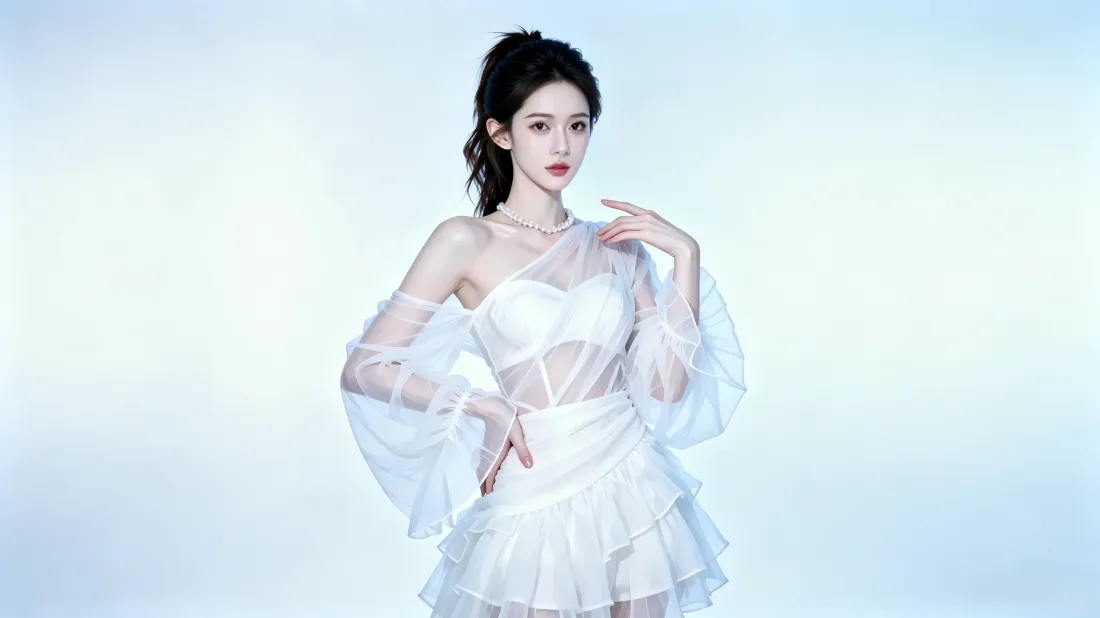 3k白纱裙美女壁纸｜淡蓝色简约背景图片 - 8k电脑适配「哲风壁纸」