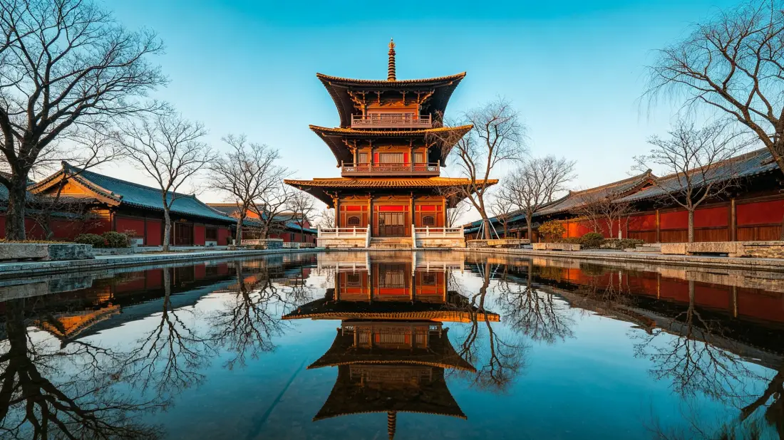 3k中式古建壁纸｜水面倒影背景图片 - 红墙蓝天风景「哲风壁纸」