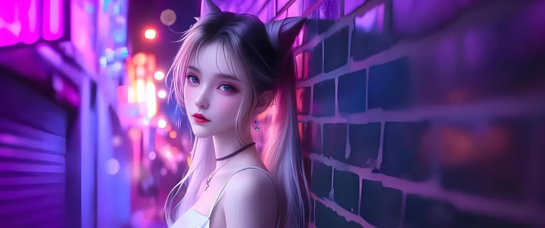 2k狐耳少女壁纸｜霓虹街巷背景图片 - 动漫赛博风插画「哲风壁纸」