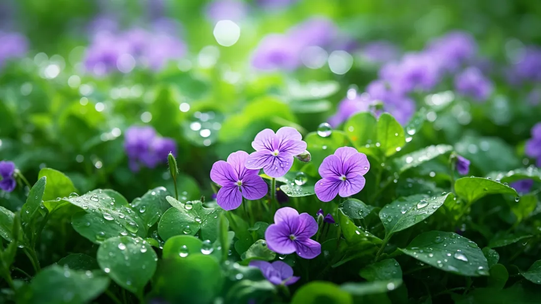 3k紫色小花壁纸｜清新绿植背景图片 - 雨后露水「哲风壁纸」