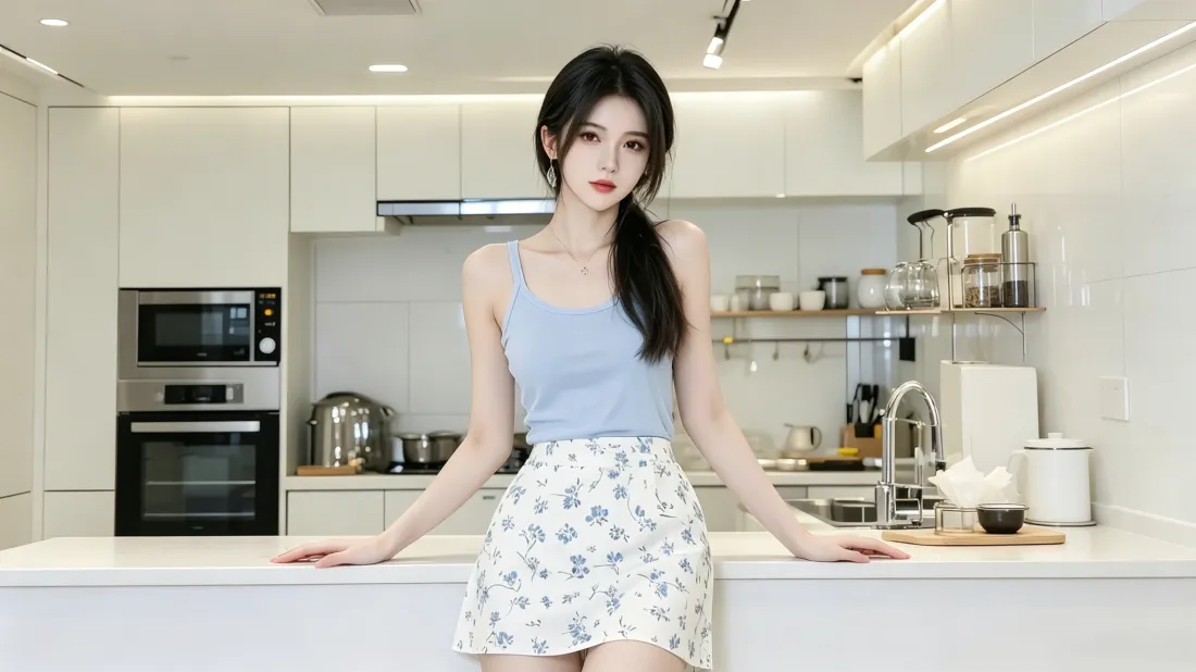 3k气质美女壁纸｜现代厨房背景图片 - 居家时尚穿搭写真「哲风壁纸」