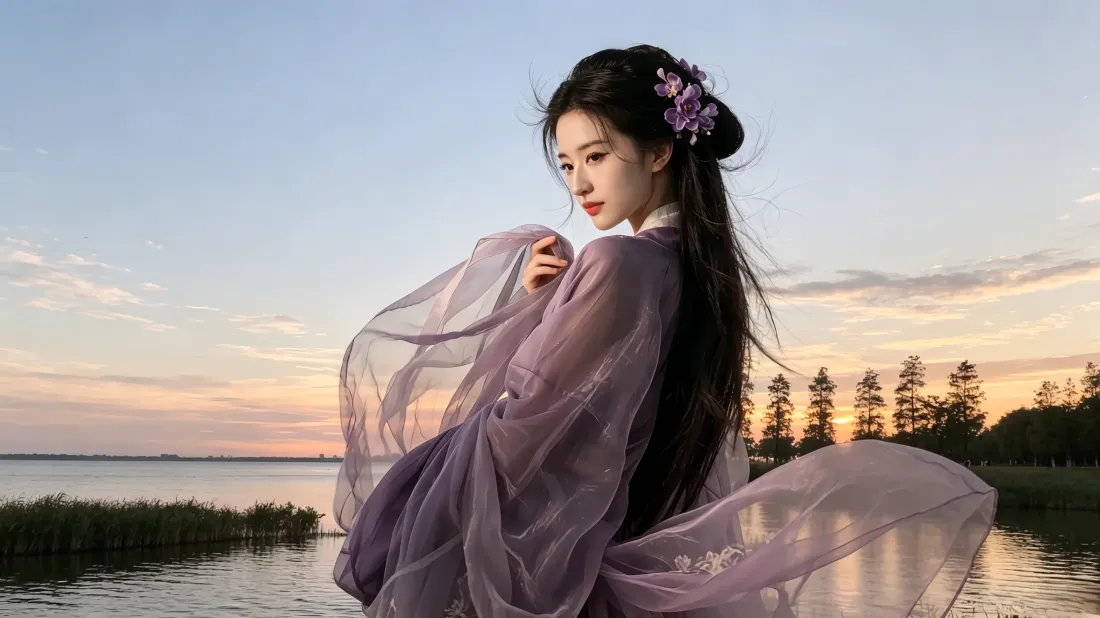 3k紫色汉服美女壁纸｜湖边黄昏风景背景图片 - 高清古风写真「哲风壁纸」