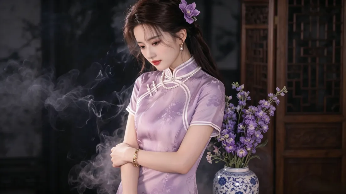 3k紫色旗袍美女壁纸｜国风古韵背景图片 - 氛围感写真「哲风壁纸」