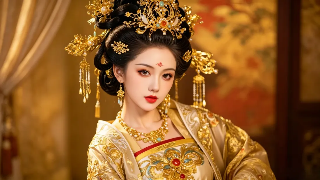 3k古风皇后壁纸｜金色华贵古装背景图片 - 宫廷气质美人「哲风壁纸」