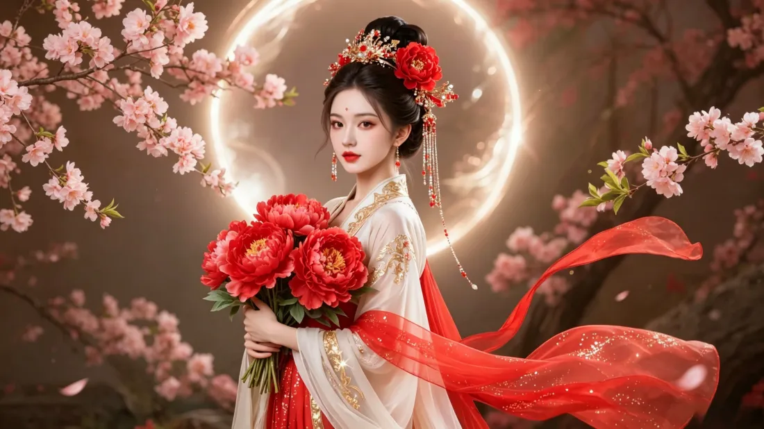 3k古风汉服美人壁纸｜牡丹桃花背景图片 - 高清电脑桌面「哲风壁纸」