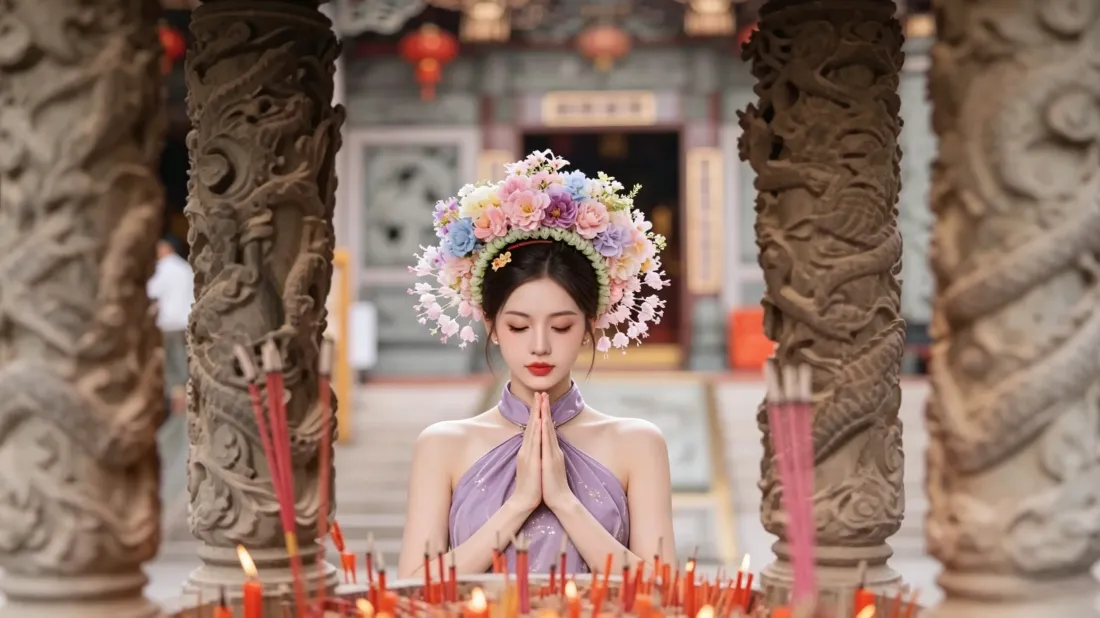 3k簪花围美女壁纸｜寺庙祈福背景图片 - 高清电脑「哲风壁纸」