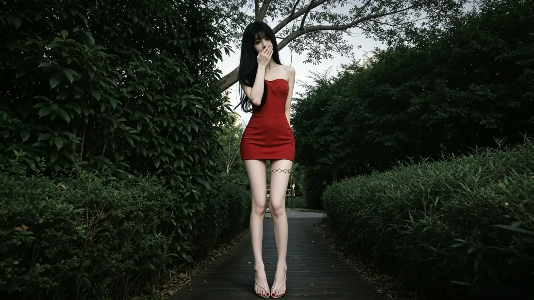 3k红衣美女壁纸｜林荫小道背景图片 - 高清电脑适用「哲风壁纸」