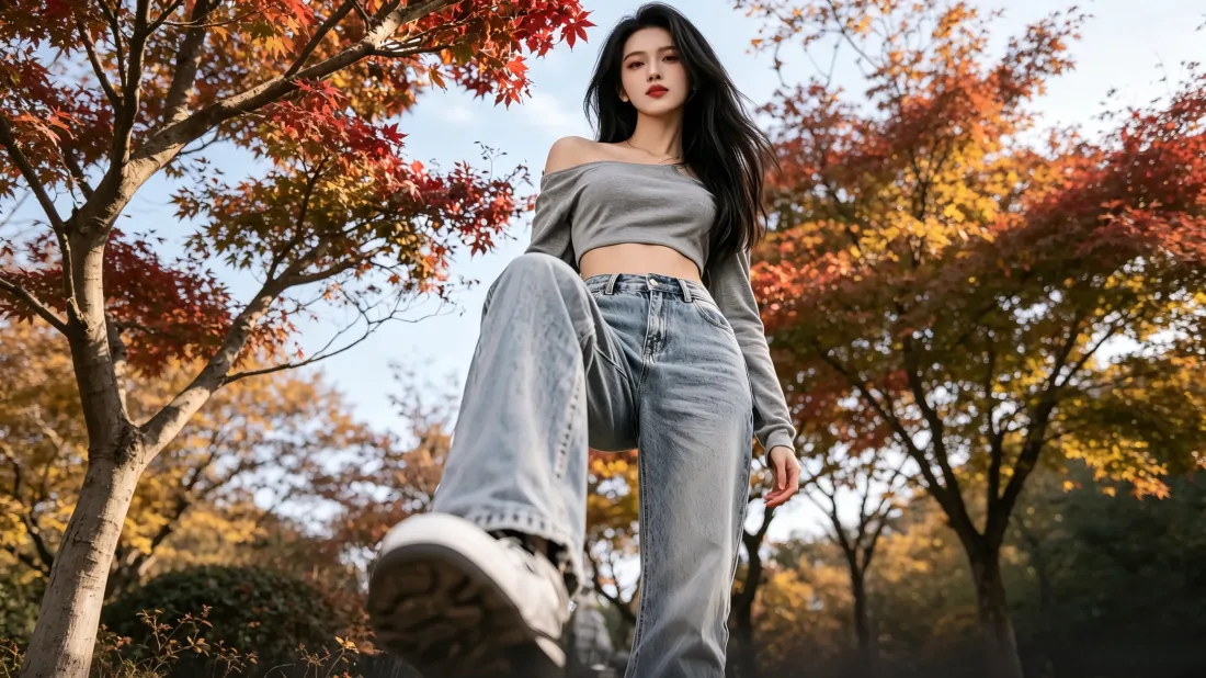 3k秋日美女壁纸｜枫叶树林背景图片 - 酷飒休闲穿搭「哲风壁纸」