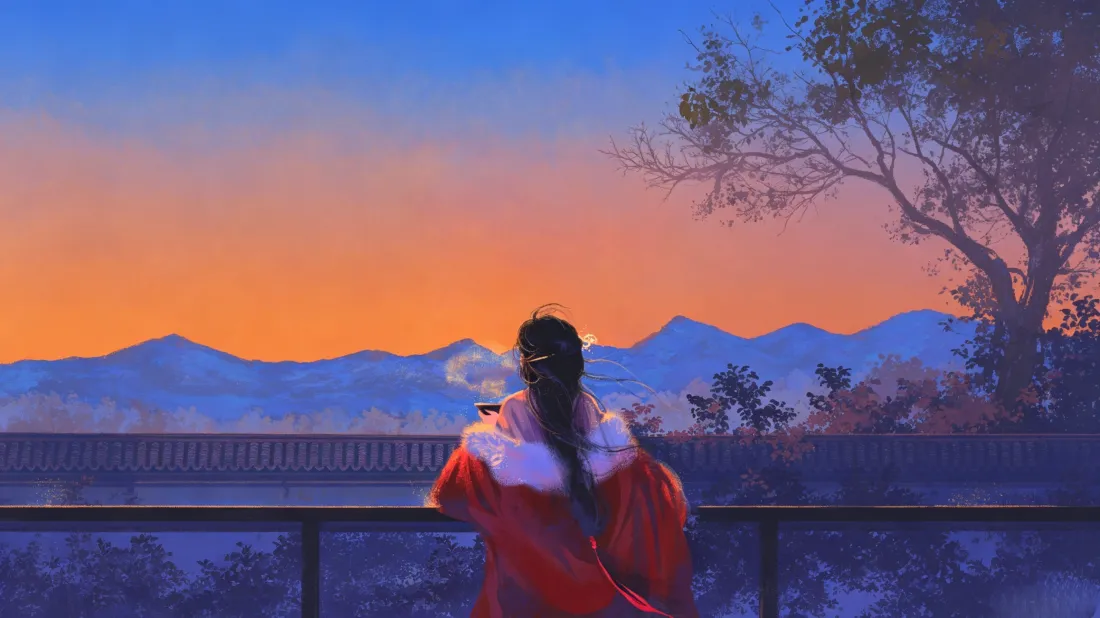 3k红衣少女壁纸｜黄昏远山树木背景图片 - 治愈风高清插画「哲风壁纸」