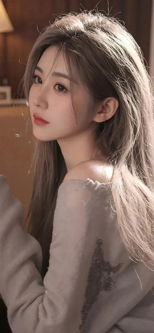 清纯美女手机壁纸｜暖光室内背景图片 - 灰发温柔少女「哲风壁纸」