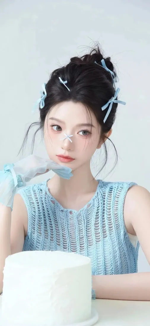 清纯美女手机壁纸｜浅蓝色穿搭背景图片 - 清新丸子头写真「哲风壁纸」