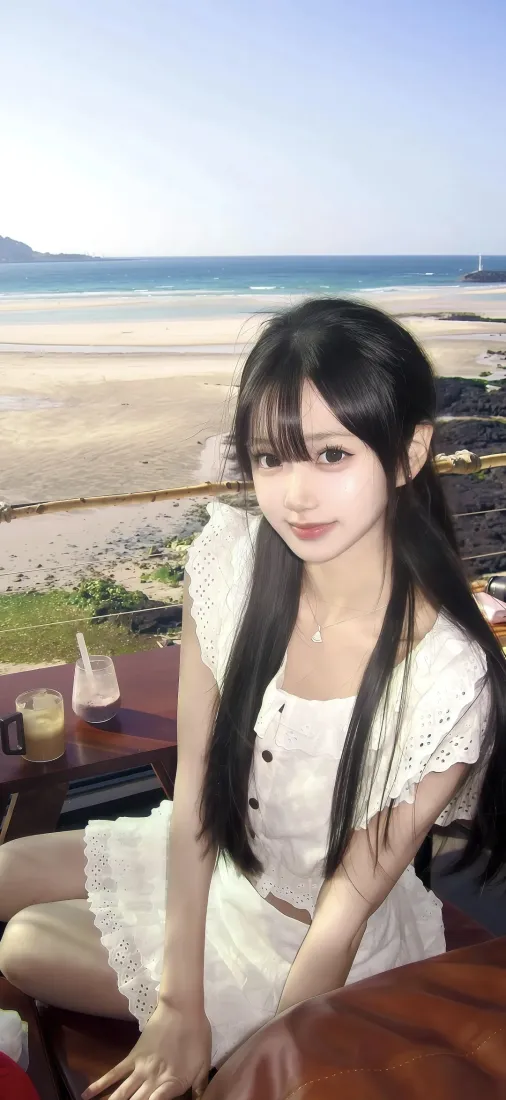 清纯美女手机壁纸｜海边沙滩背景图片 - 白裙长发甜美少女「哲风壁纸」