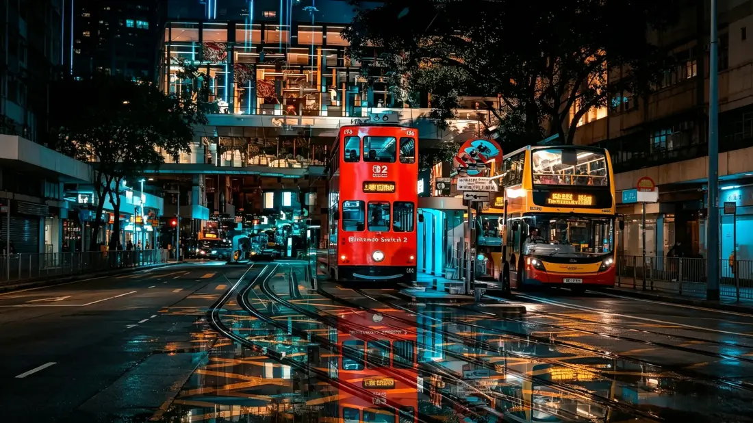 3k香港街景壁纸｜雨夜城市背景图片 - 双层巴士夜景「哲风壁纸」