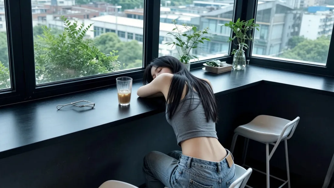 3k长发美女壁纸｜咖啡店窗边吧台背景图片 - 慵懒休闲「哲风壁纸」