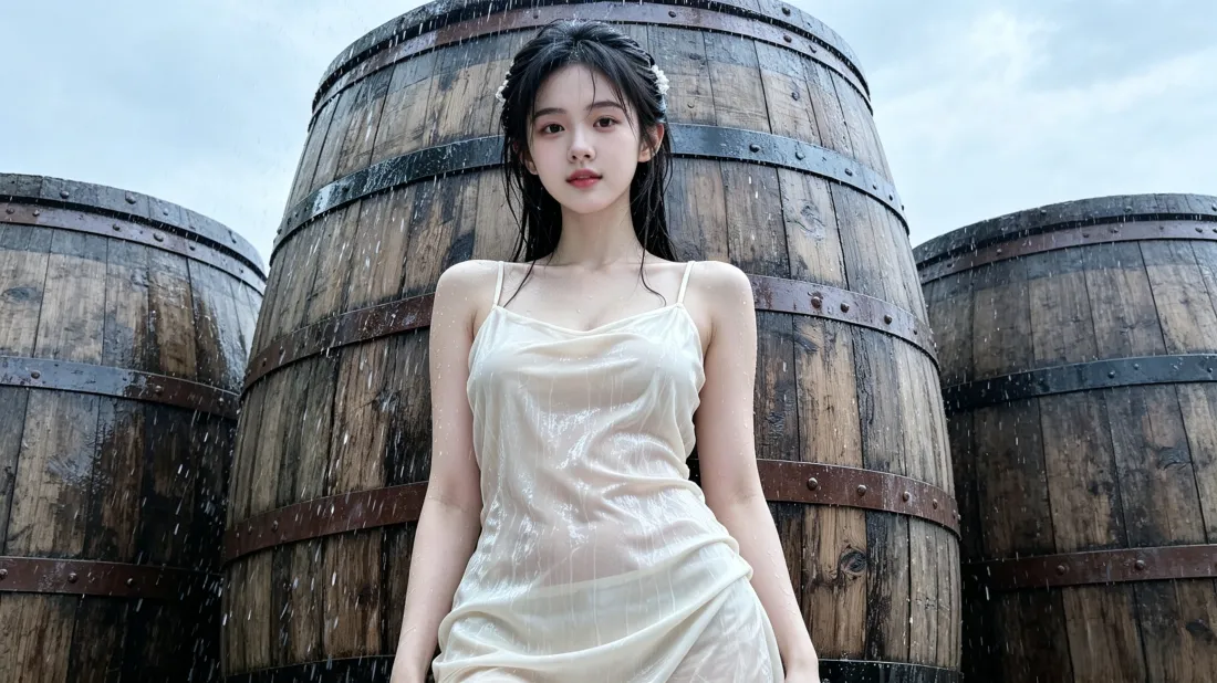 3k清纯美女壁纸｜木桶雨天背景图片 - 清冷少女写真「哲风壁纸」