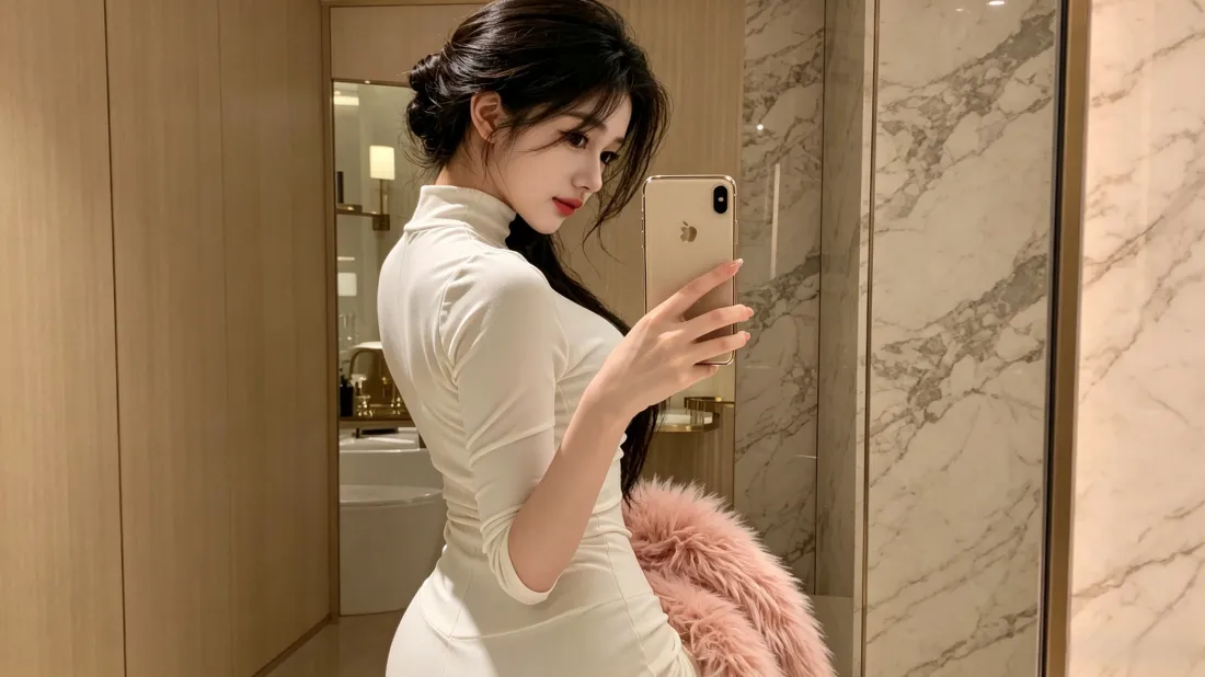 3k气质美女壁纸｜白色修身旗袍对镜自拍背景图片 - 高级质感写真「哲风壁纸」