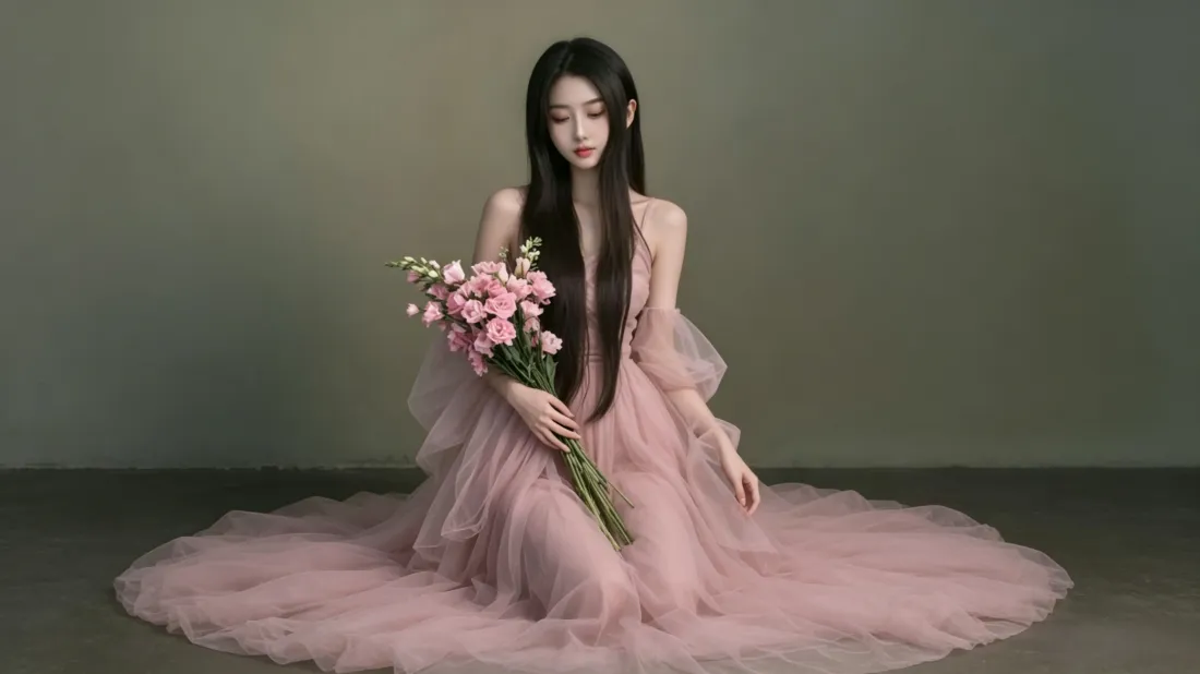 3k粉纱裙少女壁纸｜手持花束背景图片 - 温柔氛围感「哲风壁纸」