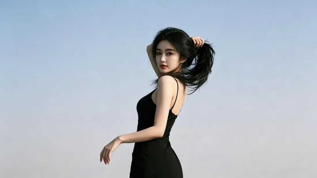 3k黑色吊带裙美女壁纸｜蓝天背景图片 - 户外时尚写真「哲风壁纸」