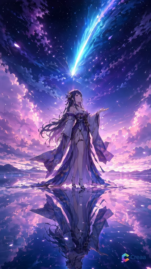古风二次元少女手机壁纸｜流星星空背景图片 - 湖面倒影「哲风壁纸」