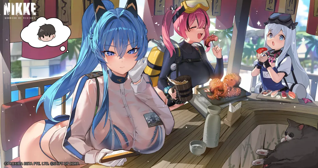 4k胜利女神Nikke壁纸｜少女休闲聚餐背景图片 - 游戏插画「哲风壁纸」