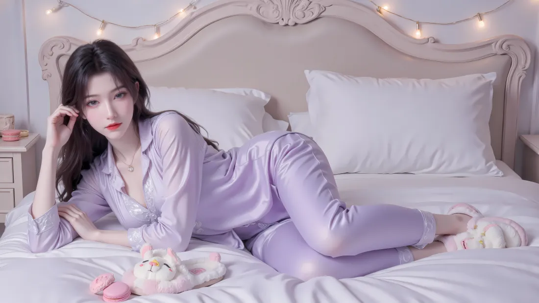 6k宋玉壁纸｜卧室背景图片 - 紫色睡衣长发气质美女「哲风壁纸」