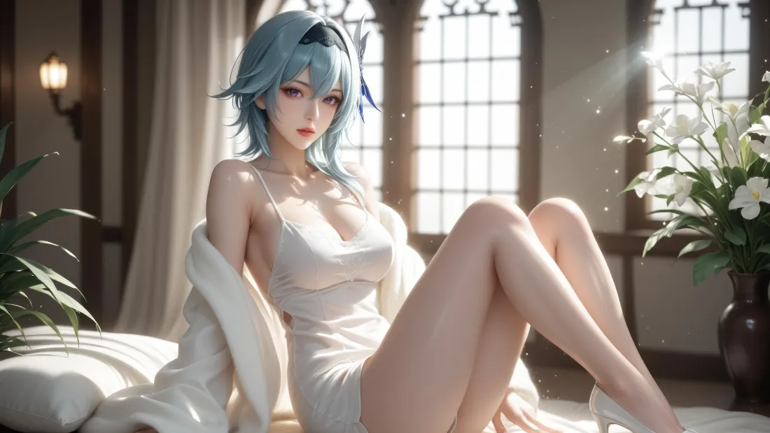 4k优菈壁纸｜室内阳光百合花背景图片 - 原神二次元蓝发美女「哲风壁纸」