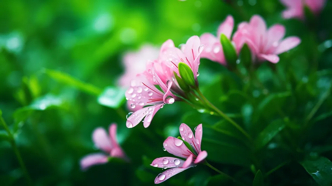 3k清新粉花壁纸｜青翠绿植背景图片 - 露水特写「哲风壁纸」